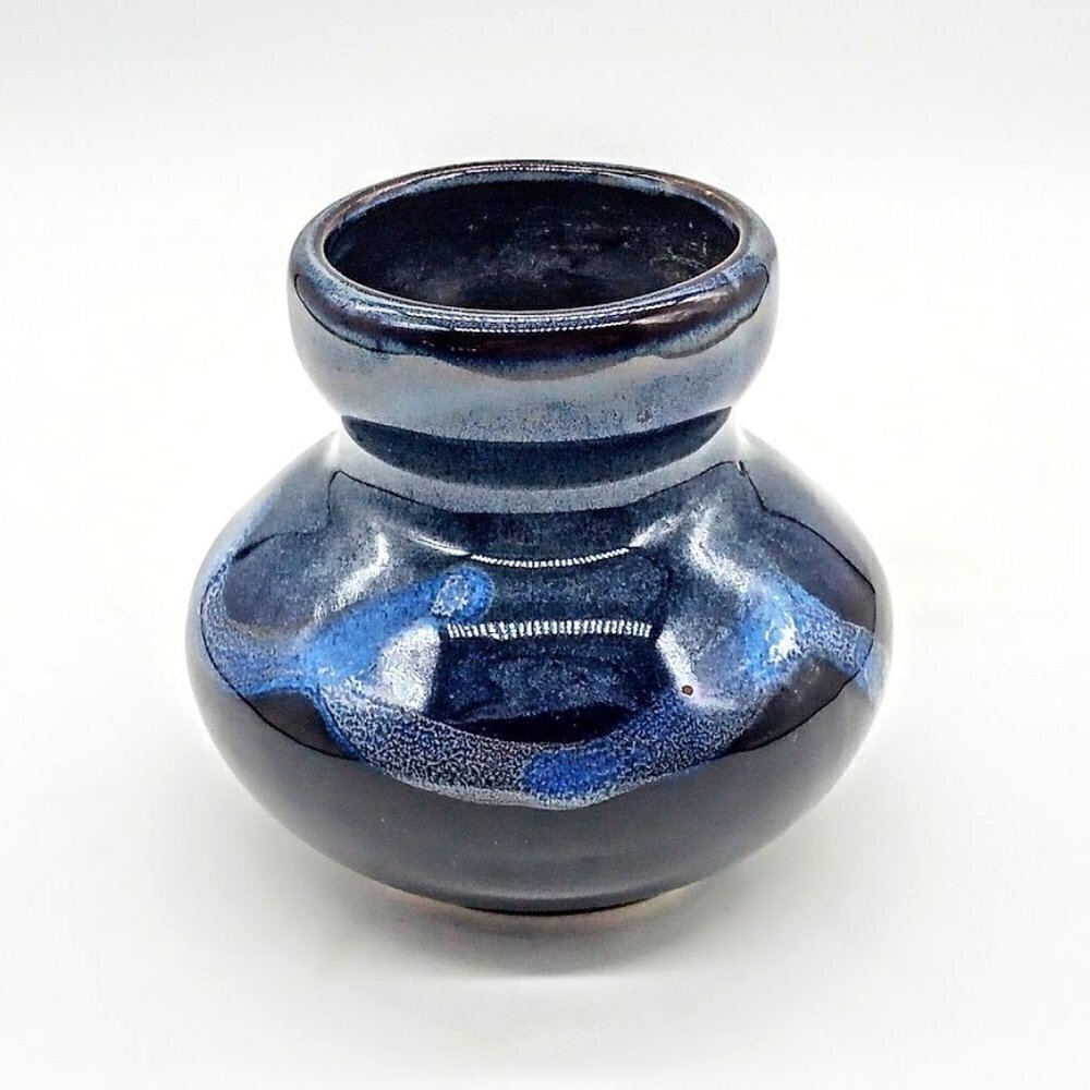 Dark Blue Drip Glaze Studio Art Pottery Small Vase